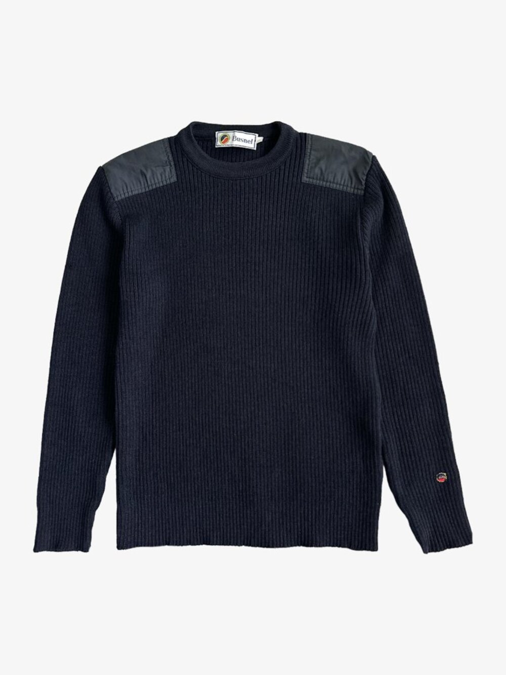 Vintage 80's Dark Navy French Rib Knit Patched Commando Wool Sweater by Busnel
